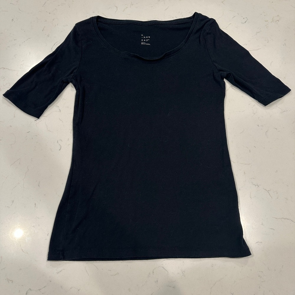 A New Day Women Black Scoop Neck Elbow Sleeve Modal Blend Top Small